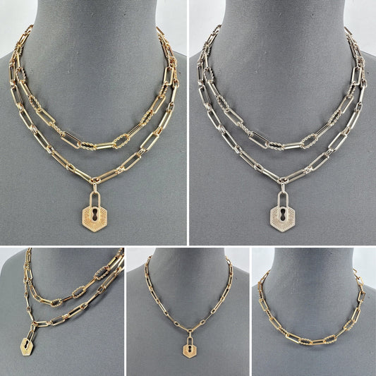 Double Paperclip Chain Necklaces and Lock Pendant