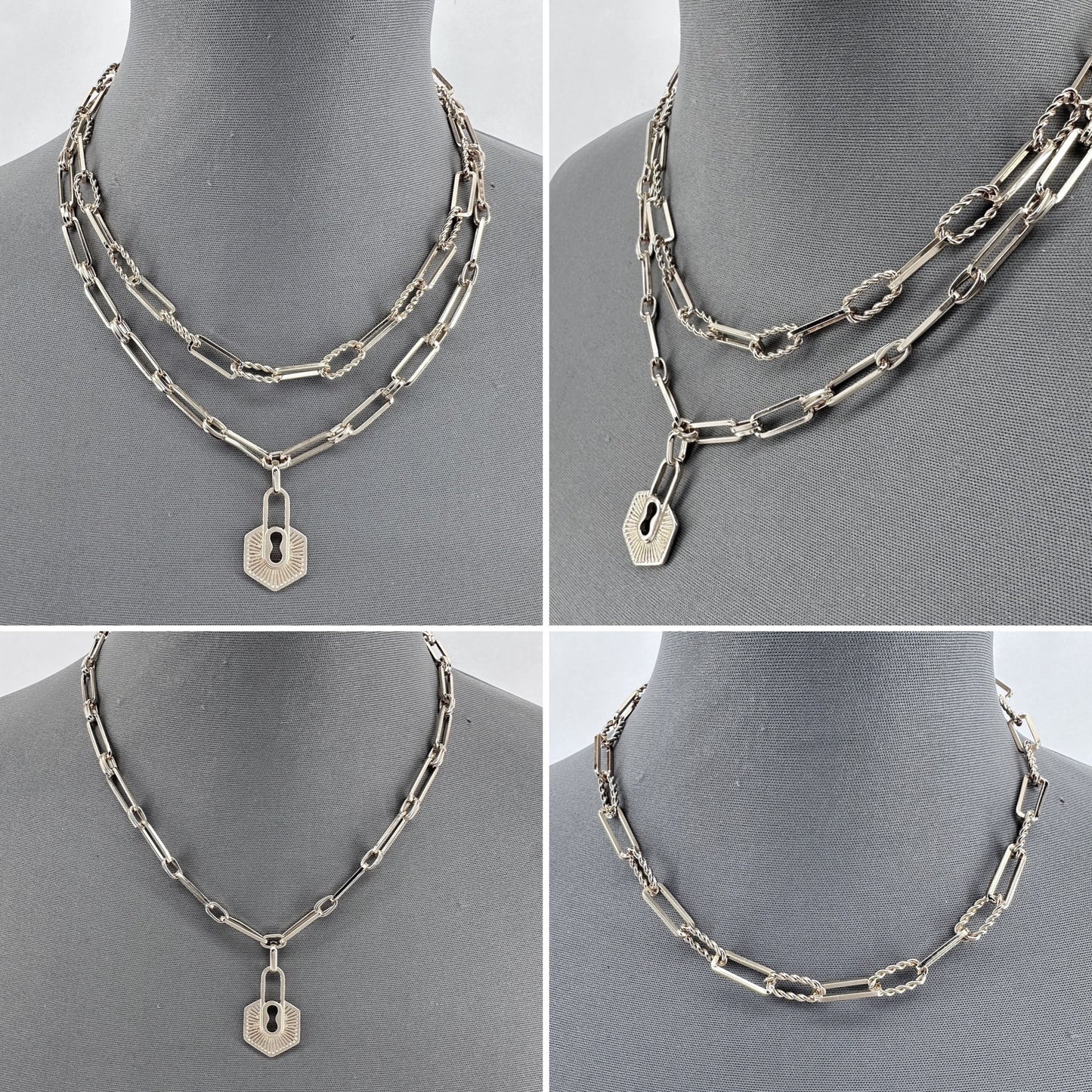 Double Paperclip Chain Necklaces and Lock Pendant