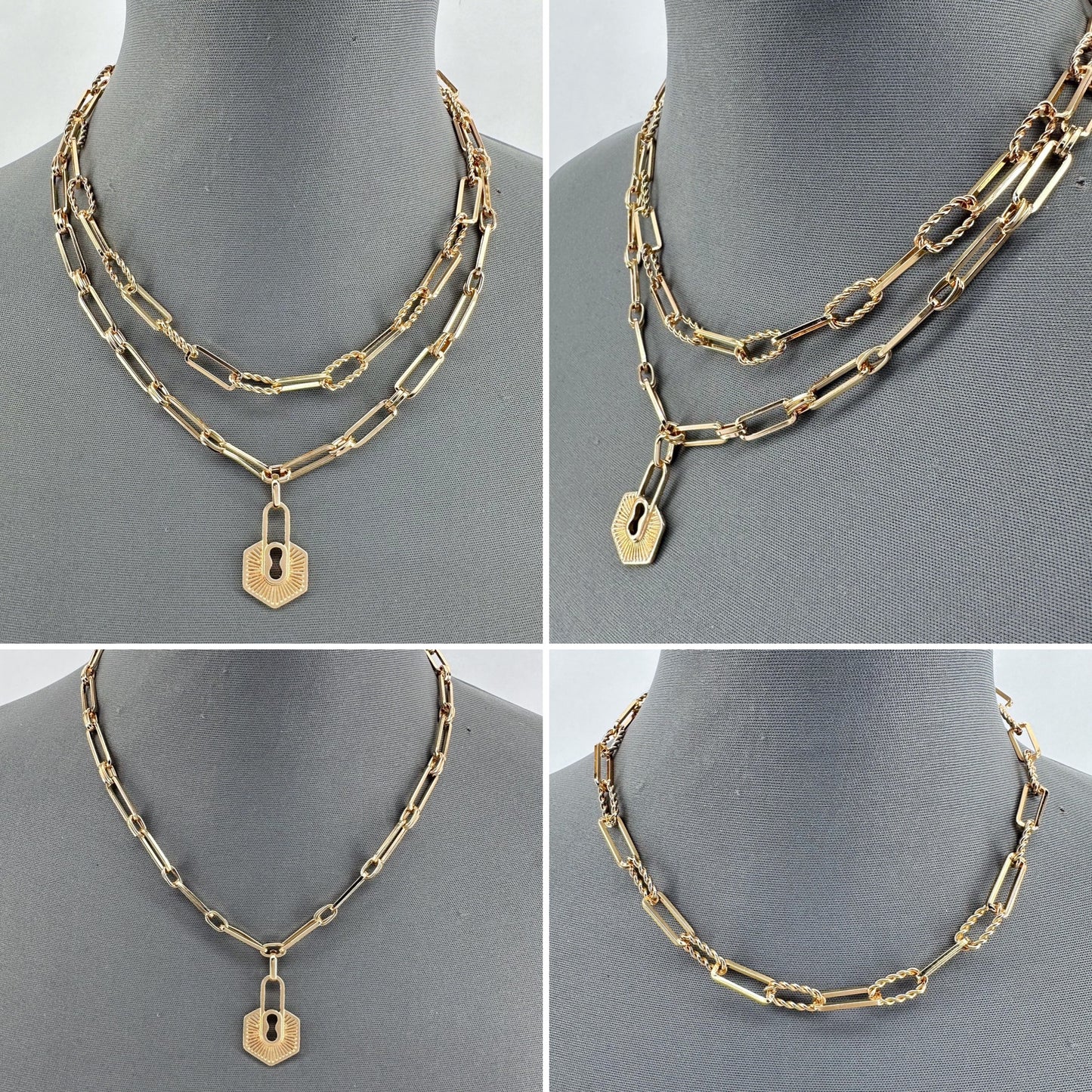 Double Paperclip Chain Necklaces and Lock Pendant
