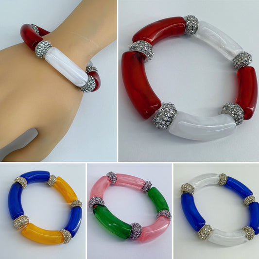 Two Tone Stretchy Bracelet with Clear Rhinestones Rings