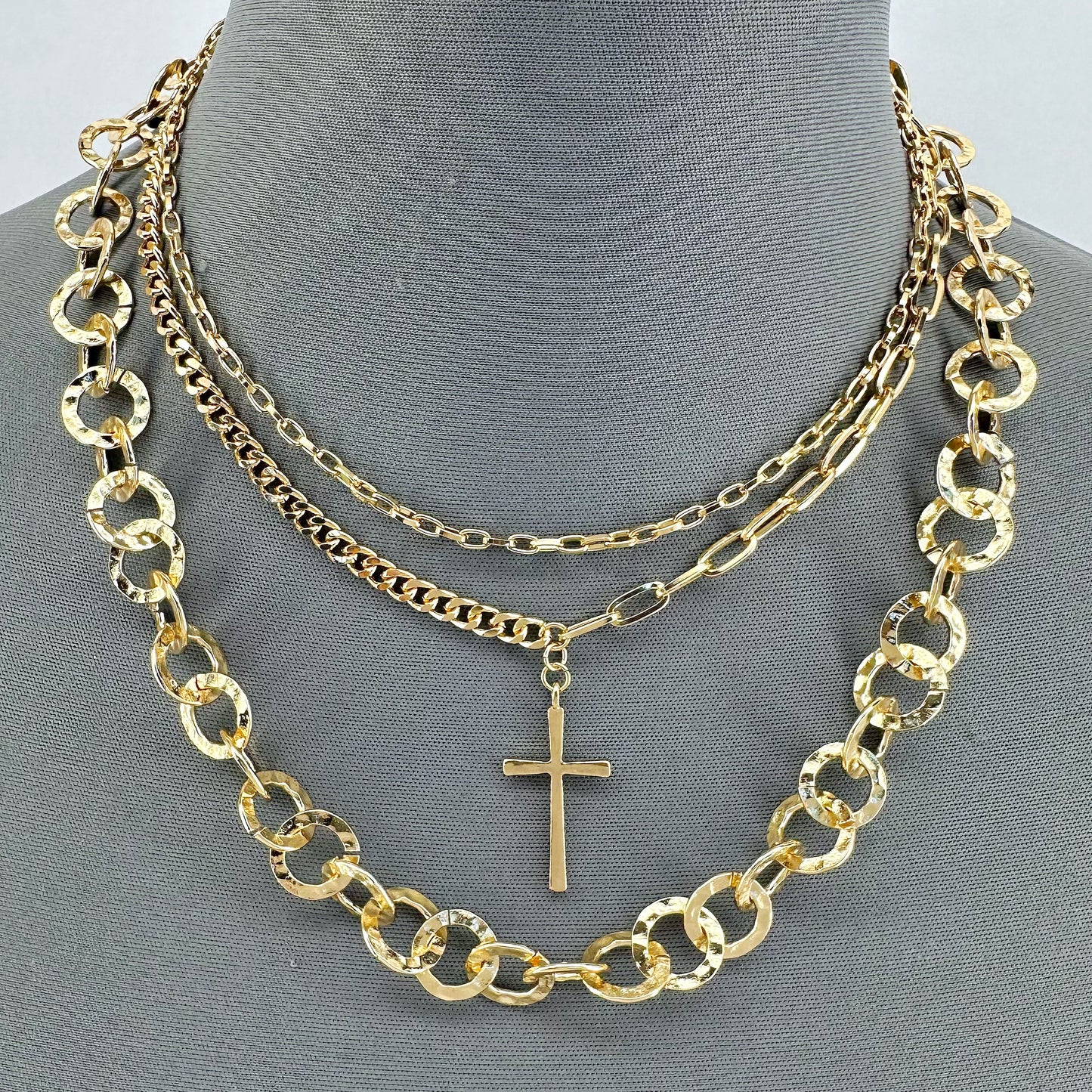 Triple Chain Necklaces With Cross Pendant