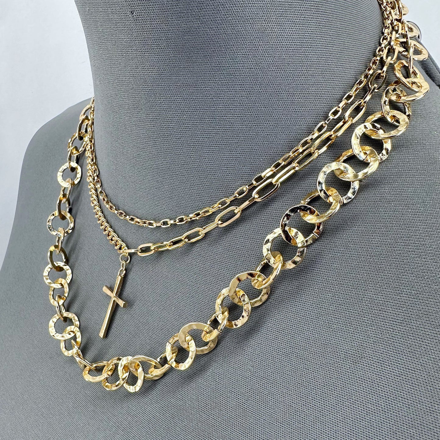 Triple Chain Necklaces With Cross Pendant