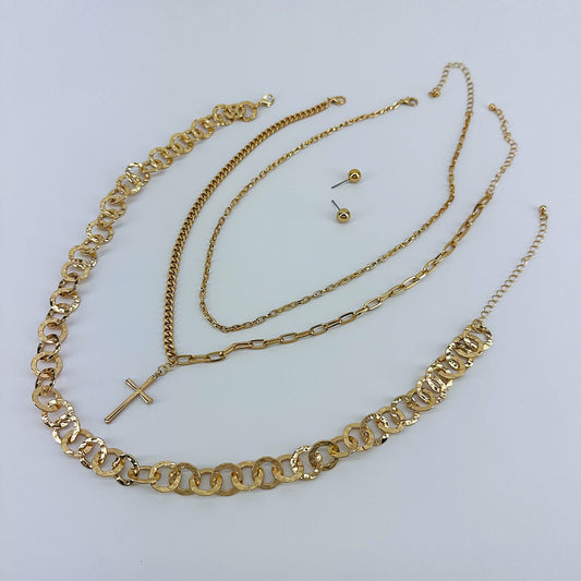 Triple Chain Necklaces With Cross Pendant