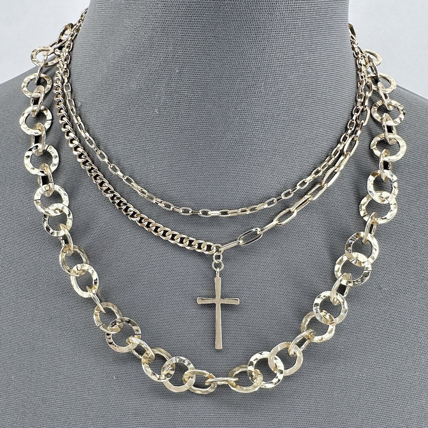 Triple Chain Necklaces With Cross Pendant