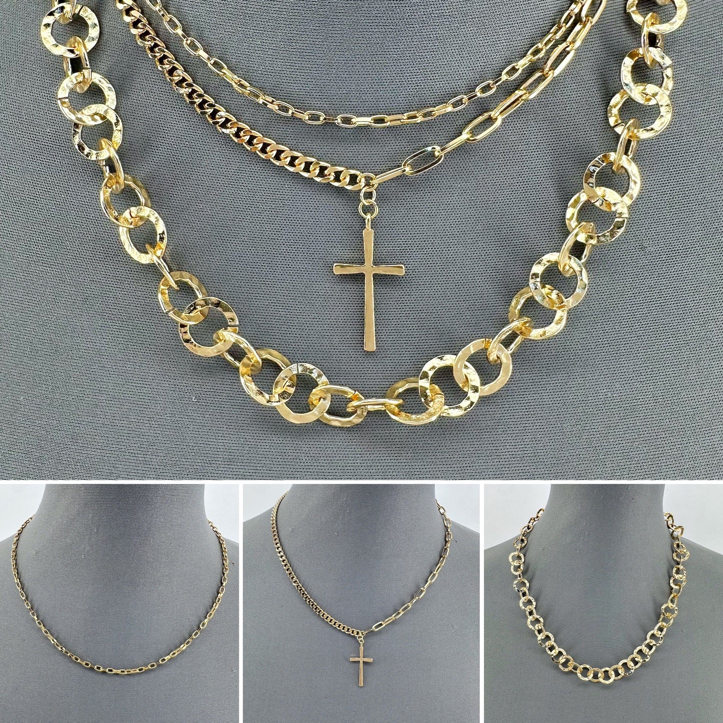 Triple Chain Necklaces With Cross Pendant