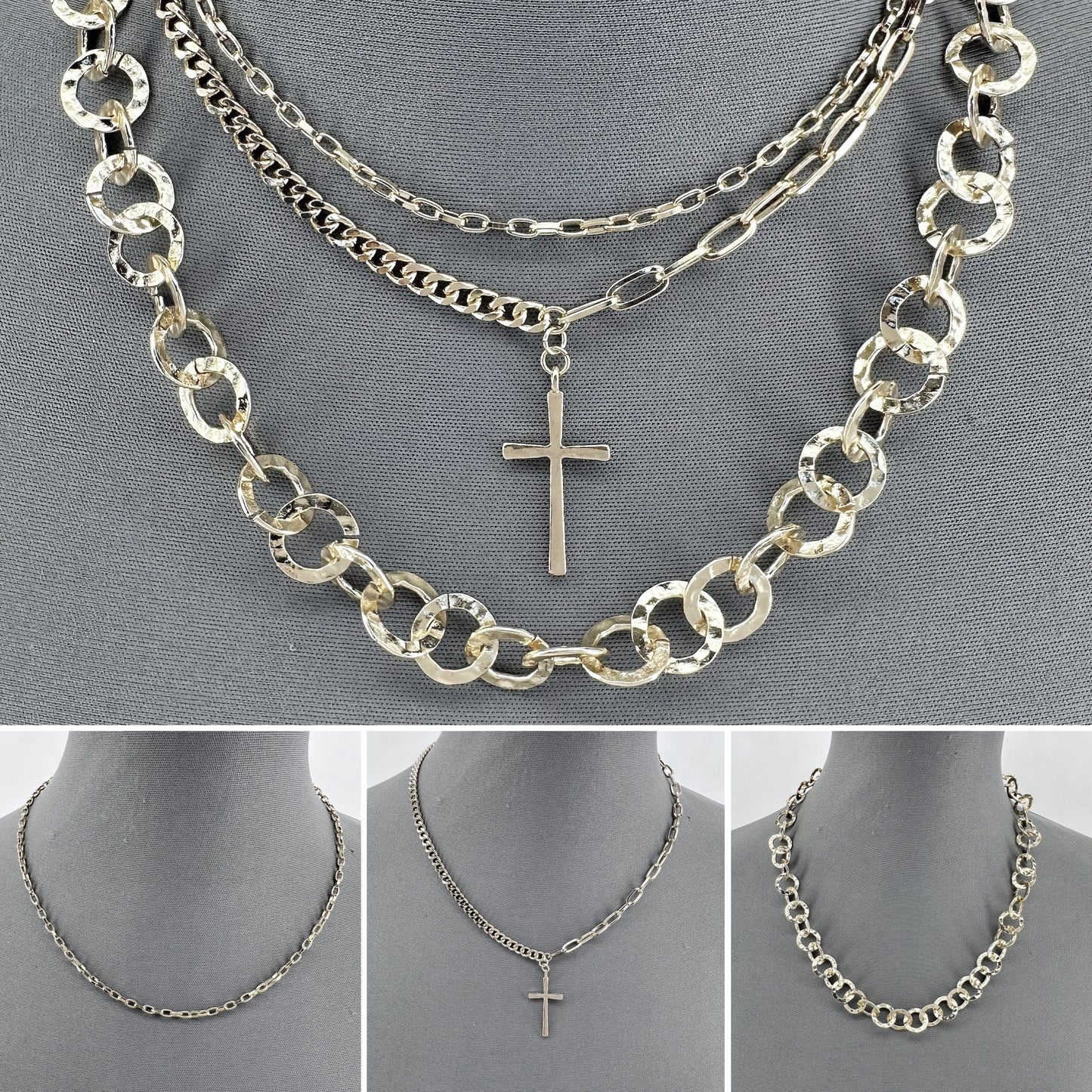 Triple Chain Necklaces With Cross Pendant