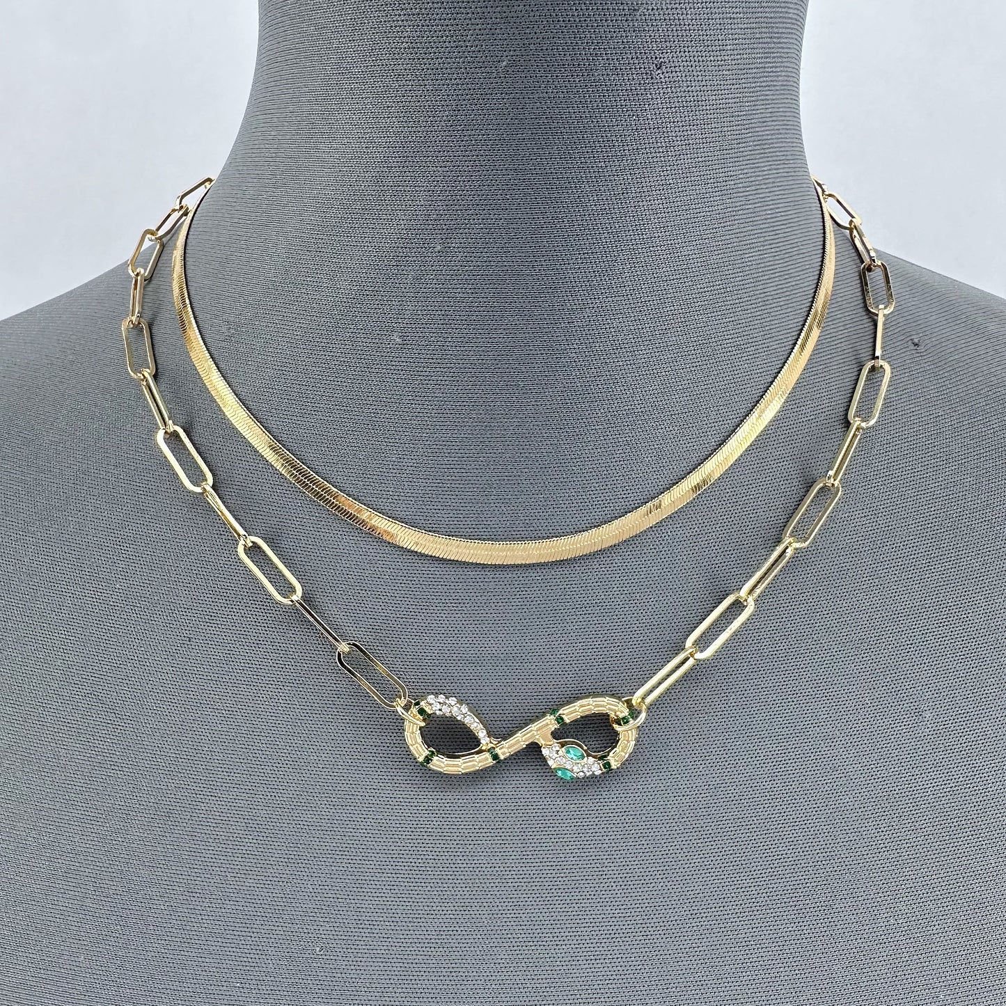 Double Gold Finish Necklace With Snake Rhinestone Pendant