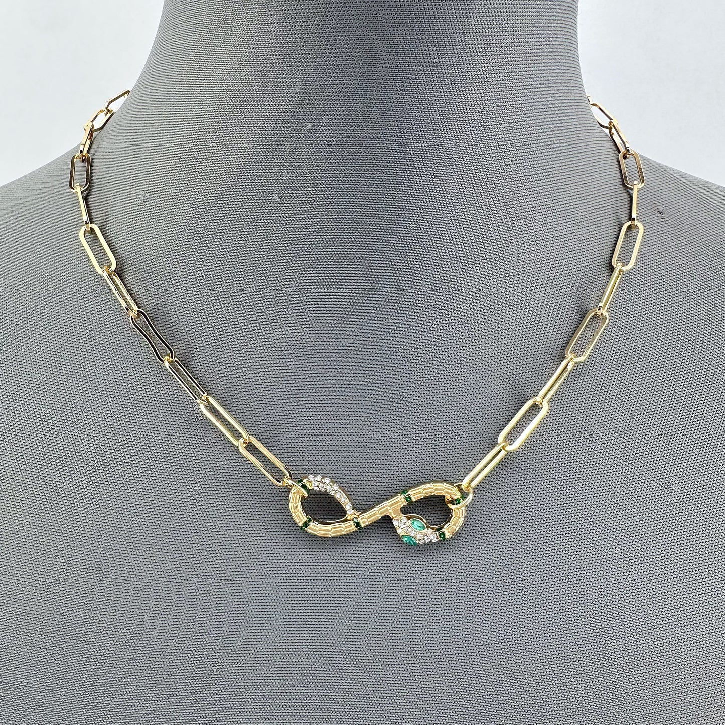 Double Gold Finish Necklace With Snake Rhinestone Pendant