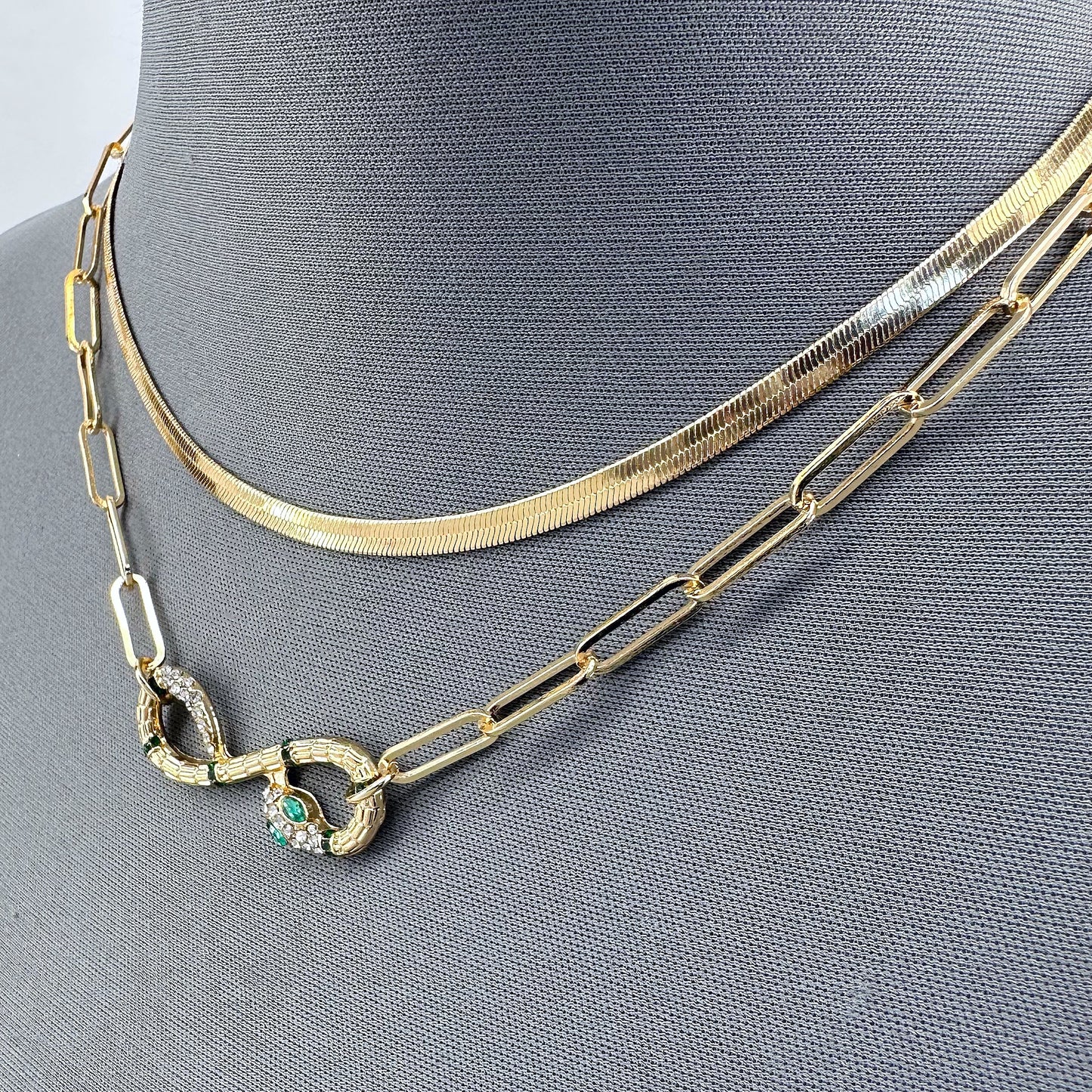 Double Gold Finish Necklace With Snake Rhinestone Pendant