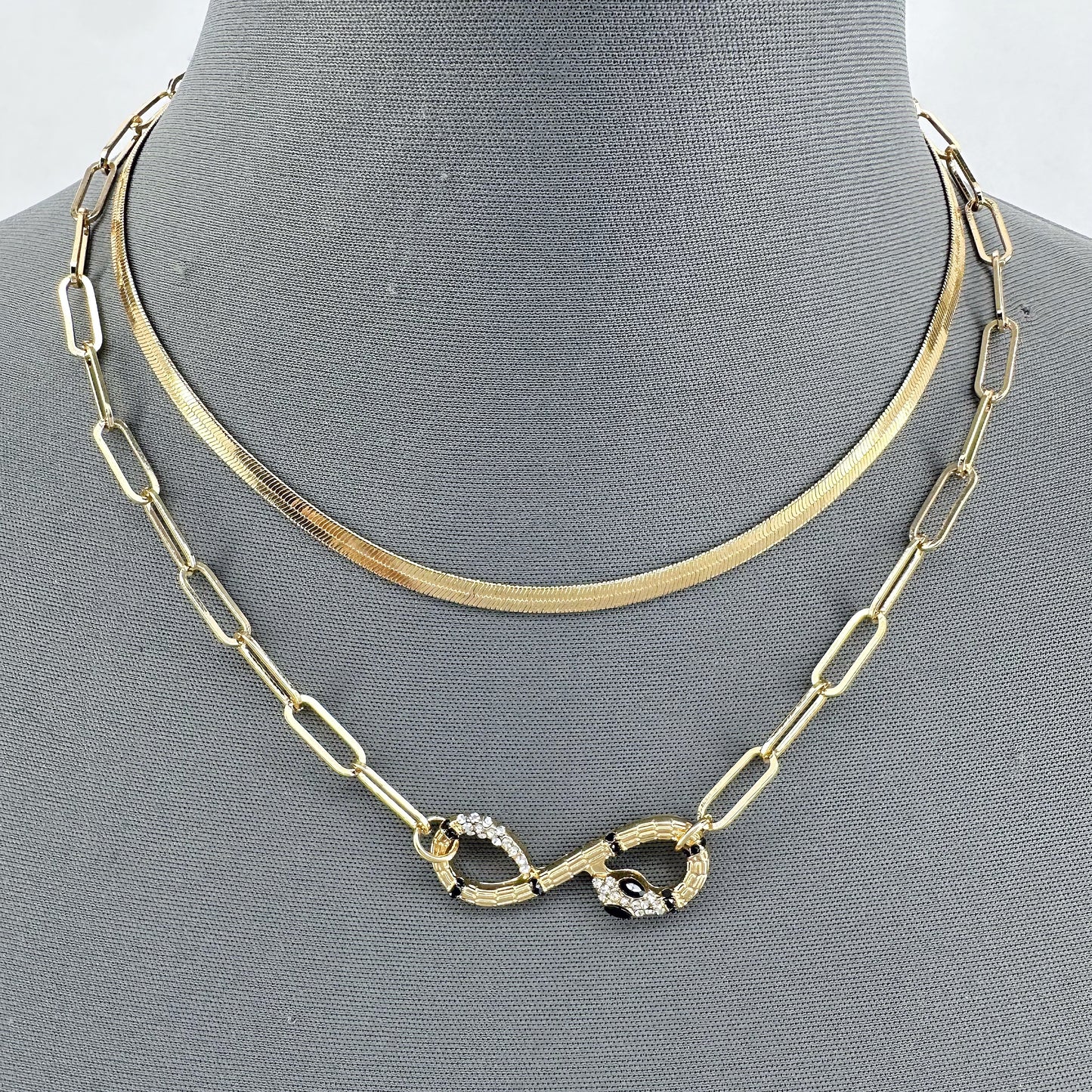 Double Gold Finish Necklace With Snake Rhinestone Pendant