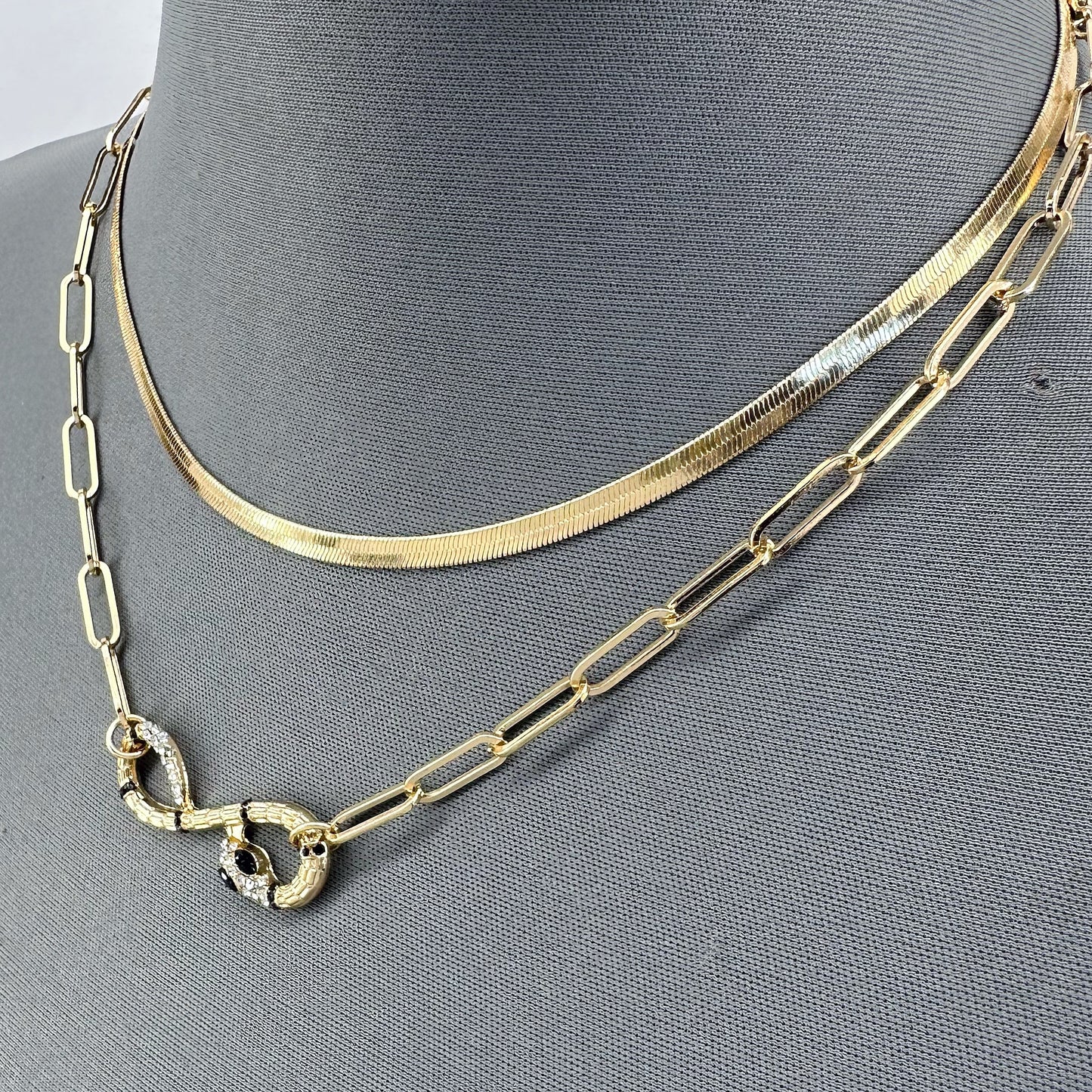 Double Gold Finish Necklace With Snake Rhinestone Pendant