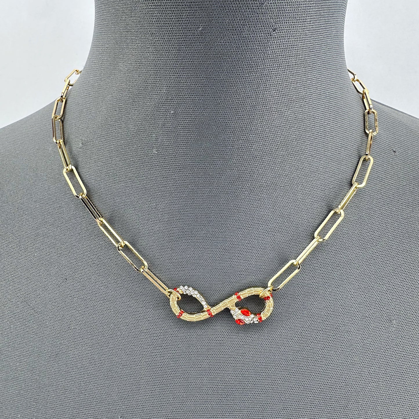 Double Gold Finish Necklace With Snake Rhinestone Pendant