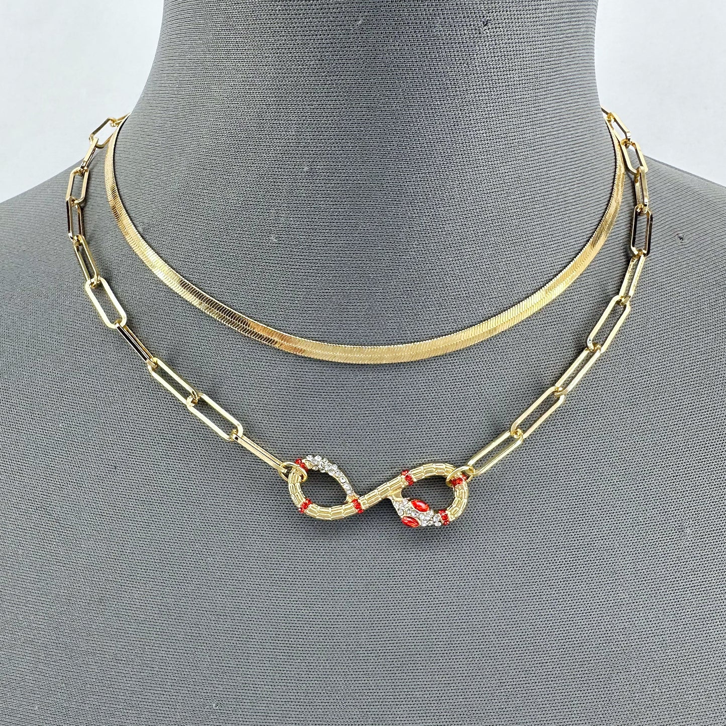 Double Gold Finish Necklace With Snake Rhinestone Pendant