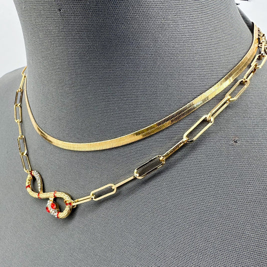 Double Gold Finish Necklace With Snake Rhinestone Pendant