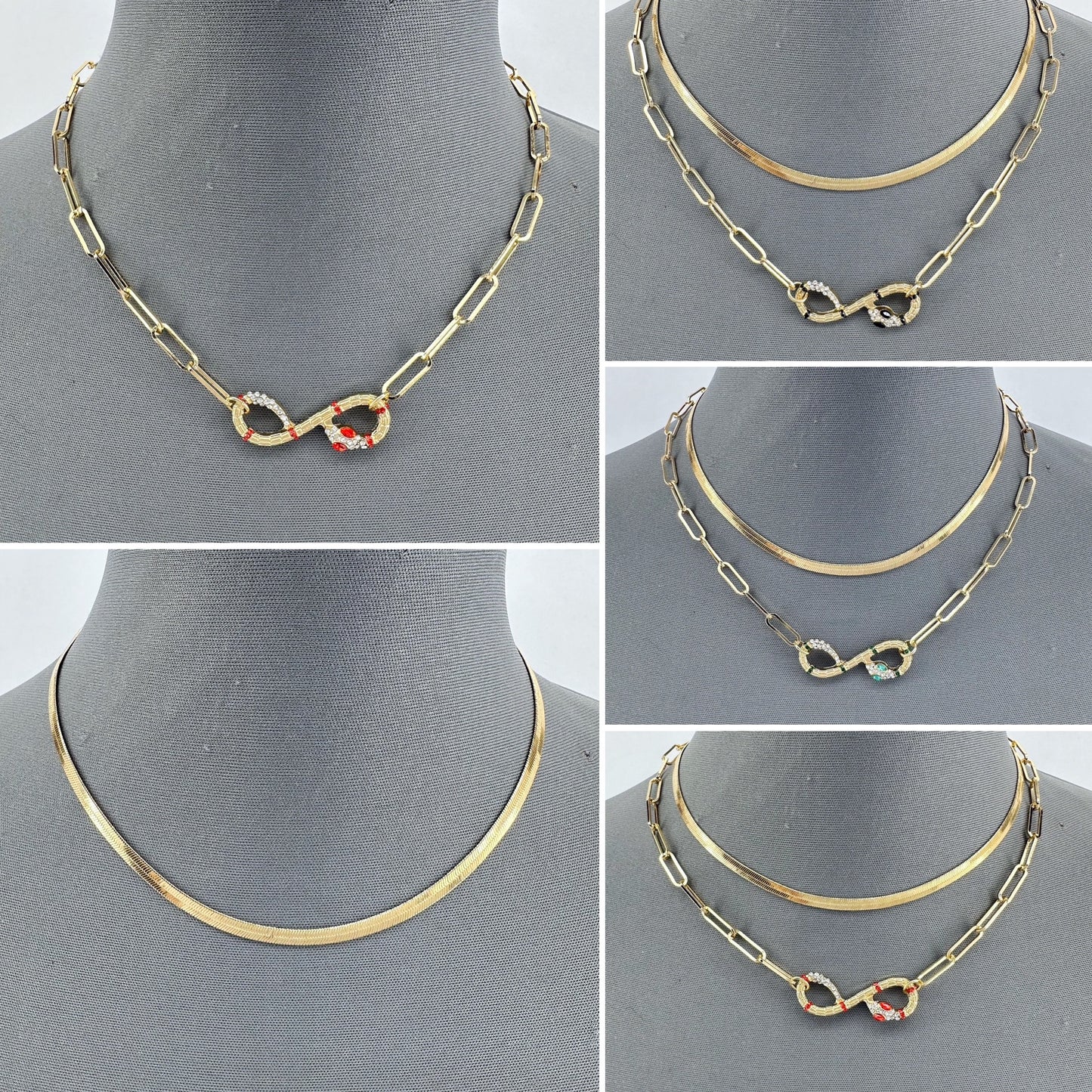 Double Gold Finish Necklace With Snake Rhinestone Pendant