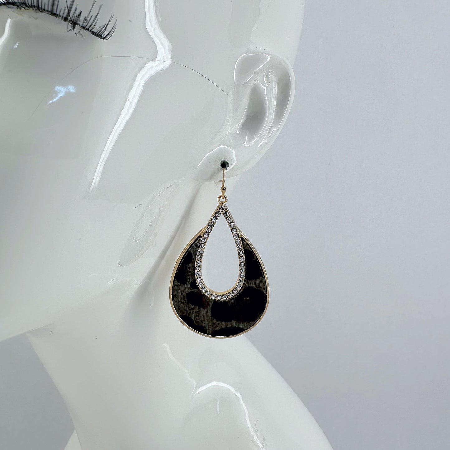 Fish Hook Earrings Teardrop Design with Rhinestones and Animal Print