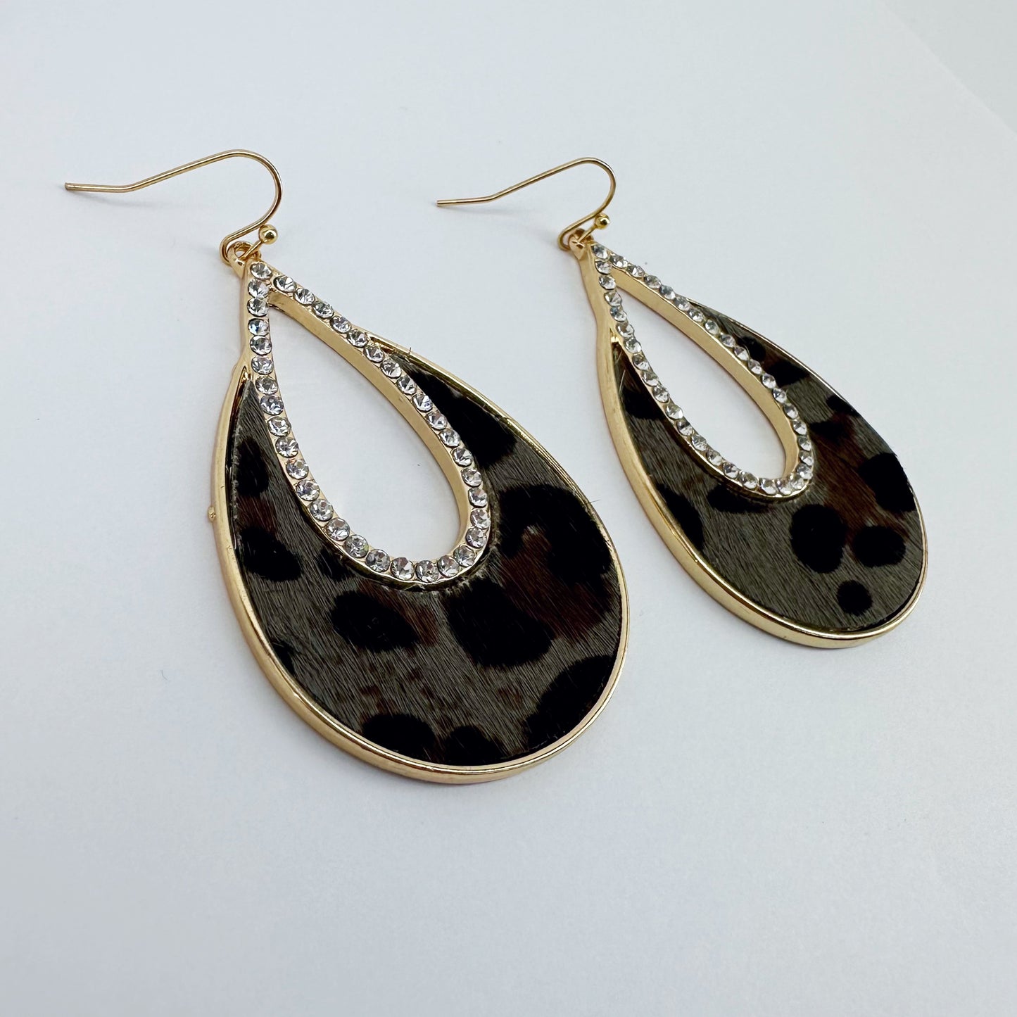 Fish Hook Earrings Teardrop Design with Rhinestones and Animal Print