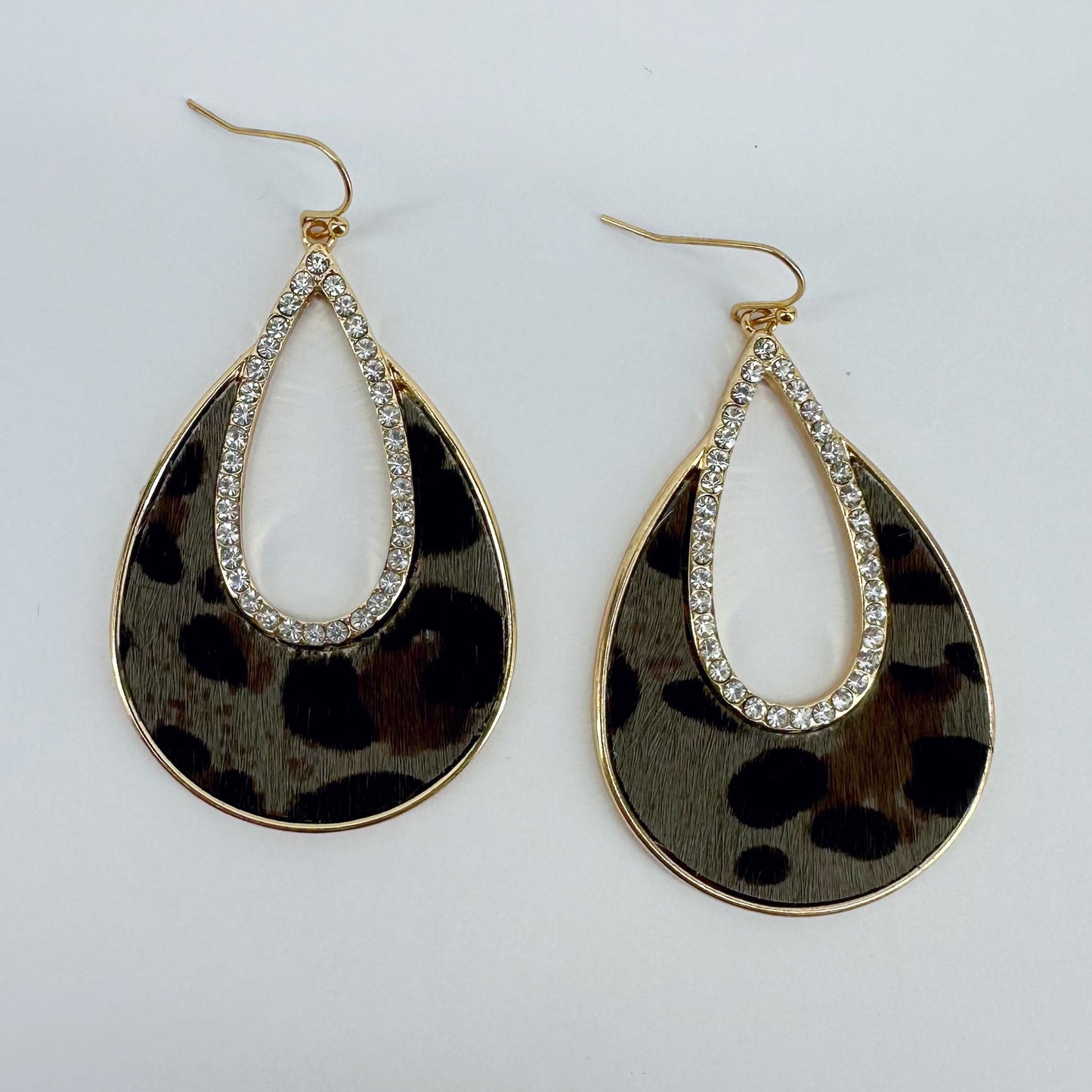 Fish Hook Earrings Teardrop Design with Rhinestones and Animal Print