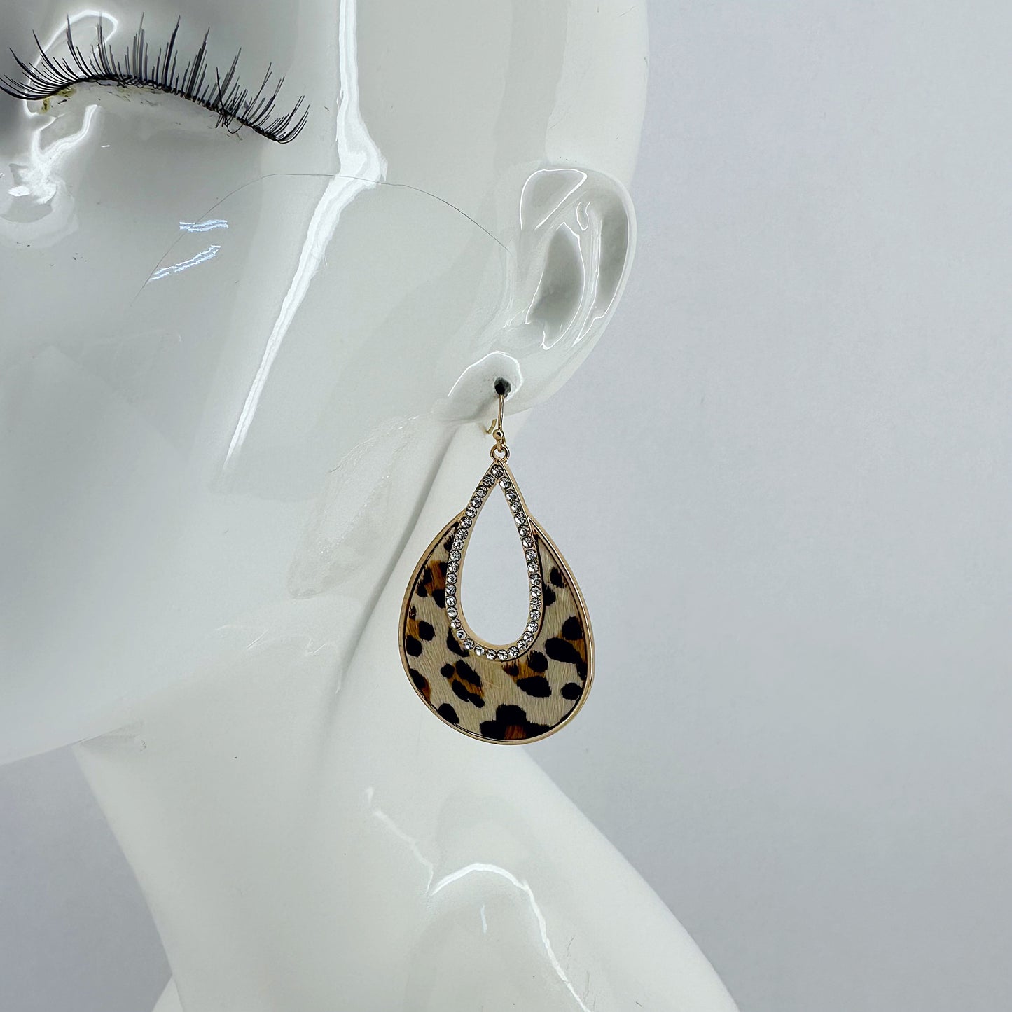 Fish Hook Earrings Teardrop Design with Rhinestones and Animal Print