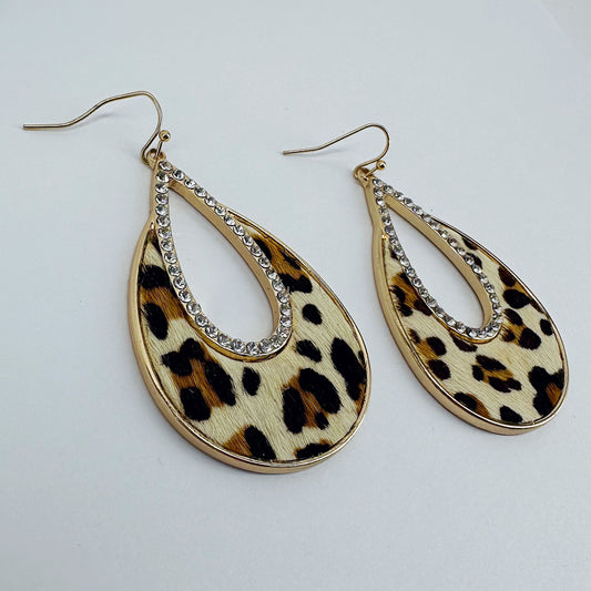 Fish Hook Earrings Teardrop Design with Rhinestones and Animal Print
