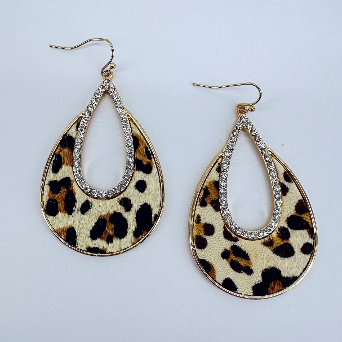 Fish Hook Earrings Teardrop Design with Rhinestones and Animal Print