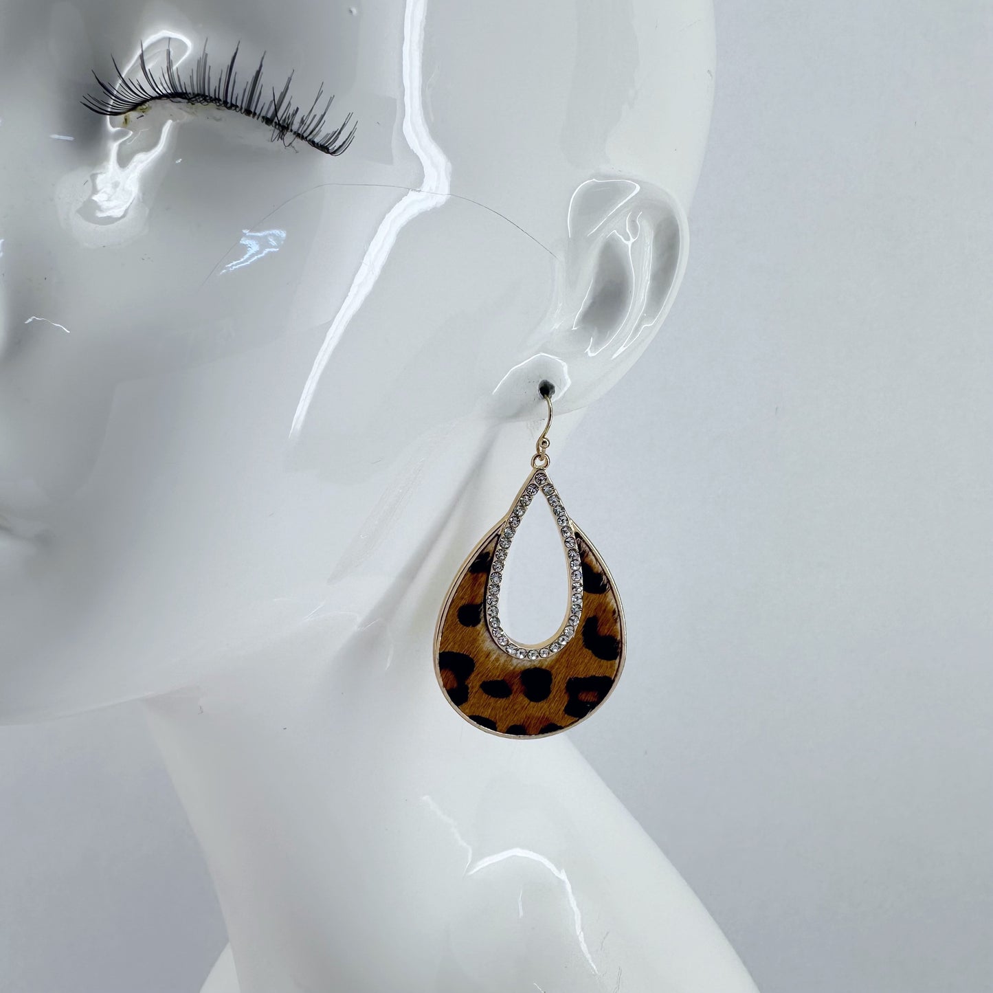 Fish Hook Earrings Teardrop Design with Rhinestones and Animal Print