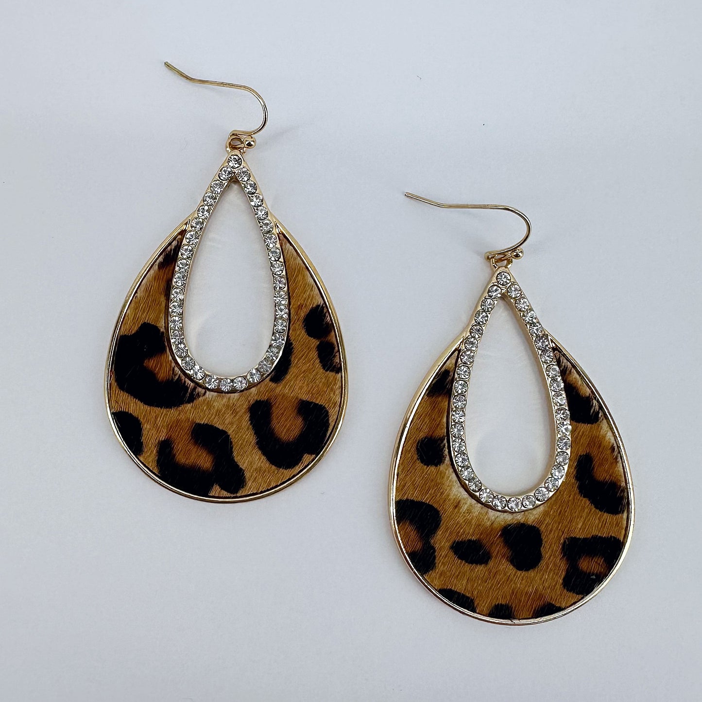Fish Hook Earrings Teardrop Design with Rhinestones and Animal Print