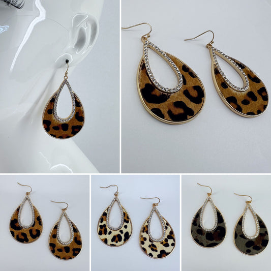 Fish Hook Earrings Teardrop Design with Rhinestones and Animal Print