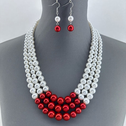 Red And White Pearl Necklace Set