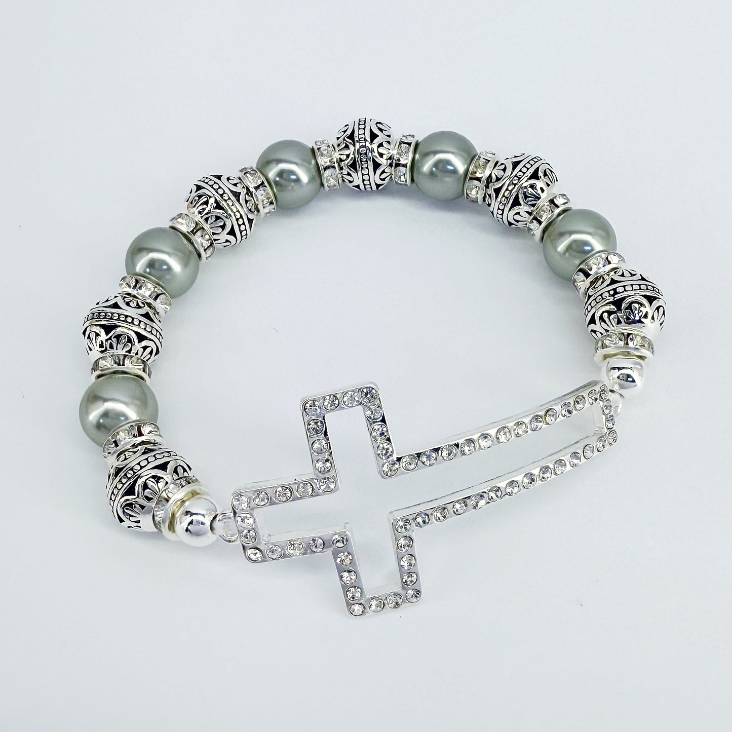 Stretchable Bracelet with Pearls and Beads Cross with Clear Rhinestones