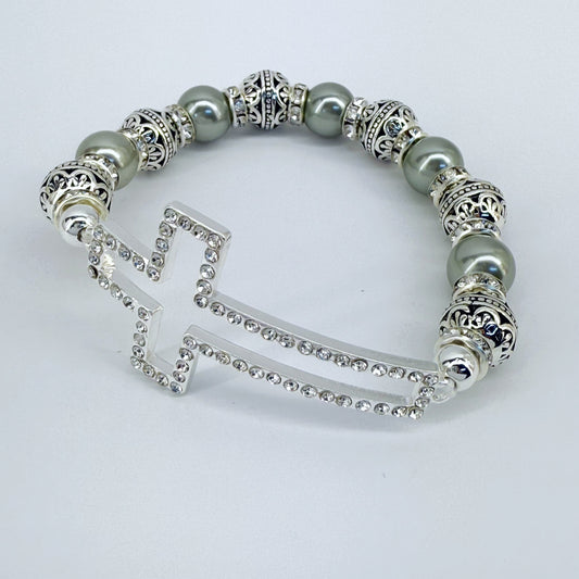 Stretchable Bracelet with Pearls and Beads Cross with Clear Rhinestones