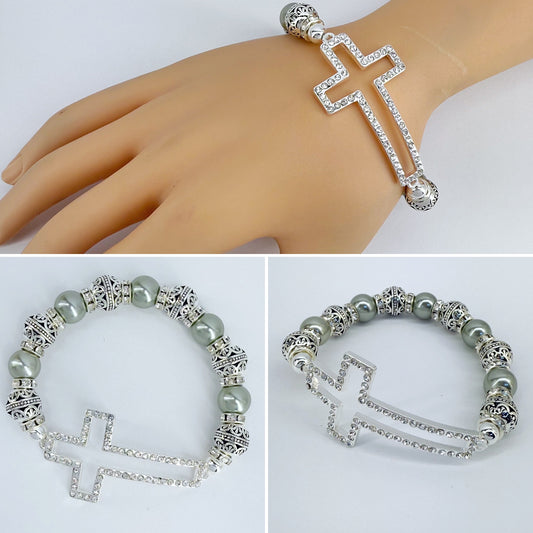 Stretchable Bracelet with Pearls and Beads Cross with Clear Rhinestones