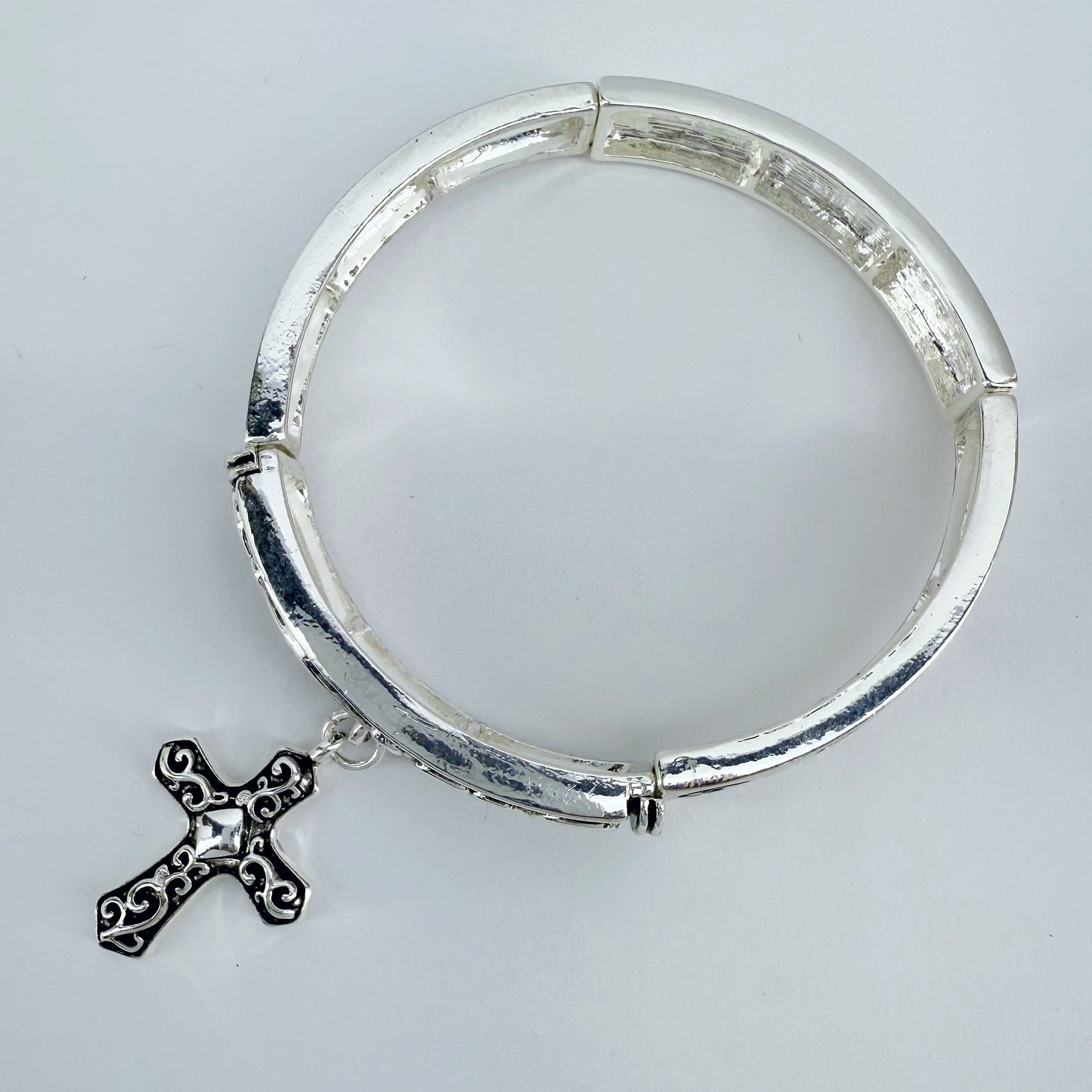 Stretchable Filigree Design Vintage Bracelet With Two Tone Cross Charm