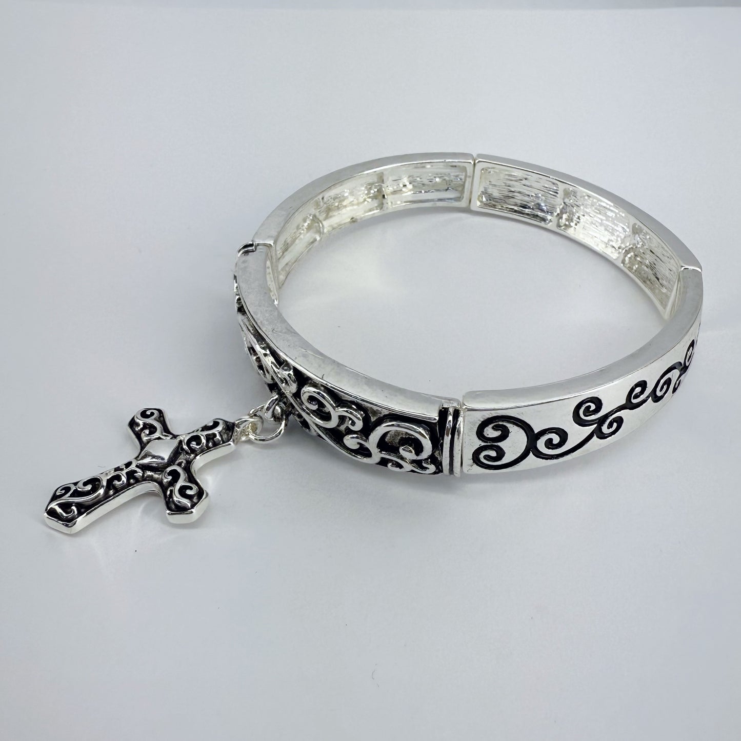 Stretchable Filigree Design Vintage Bracelet With Two Tone Cross Charm