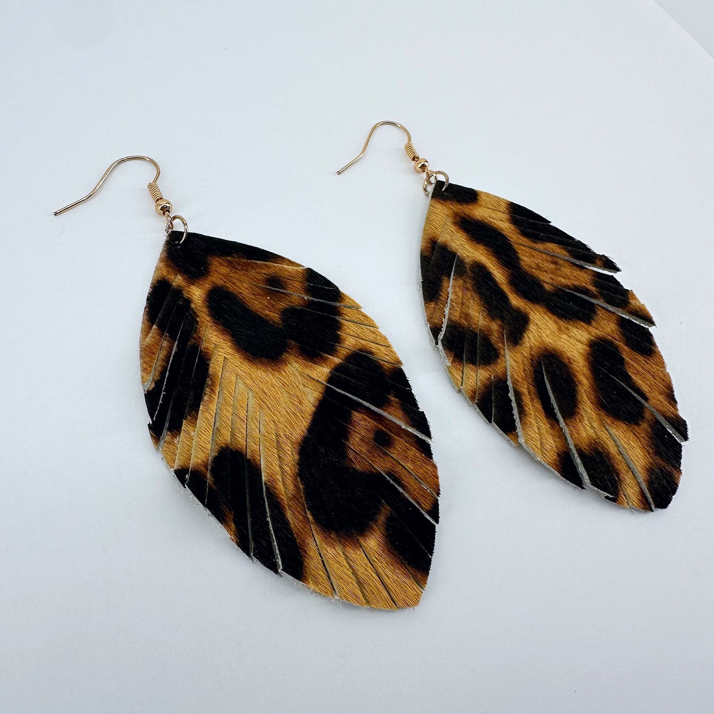 Fish Hook Gold Finish Earrings With Leaf-style Leatherette Leopard Print Dangle