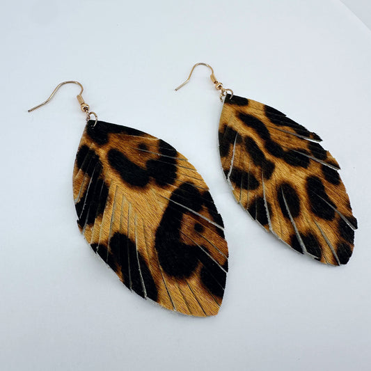 Fish Hook Gold Finish Earrings With Leaf-style Leatherette Leopard Print Dangle