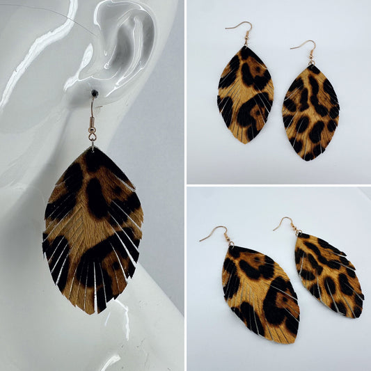 Fish Hook Gold Finish Earrings With Leaf-style Leatherette Leopard Print Dangle