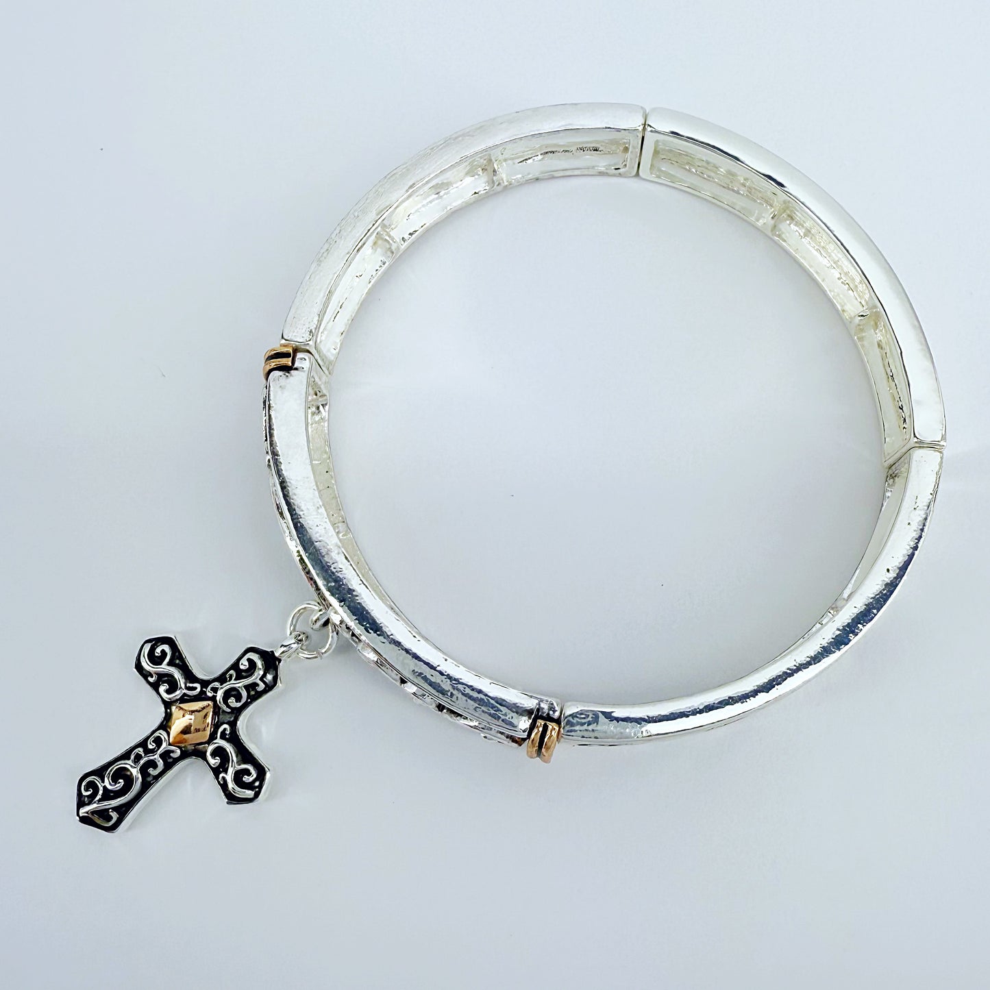 Stretchable Filigree Design Vintage Bracelet With Two Tone Cross Charm