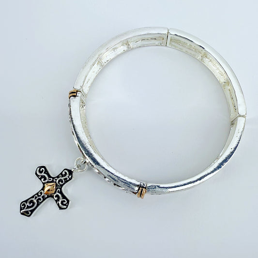 Stretchable Filigree Design Vintage Bracelet With Two Tone Cross Charm