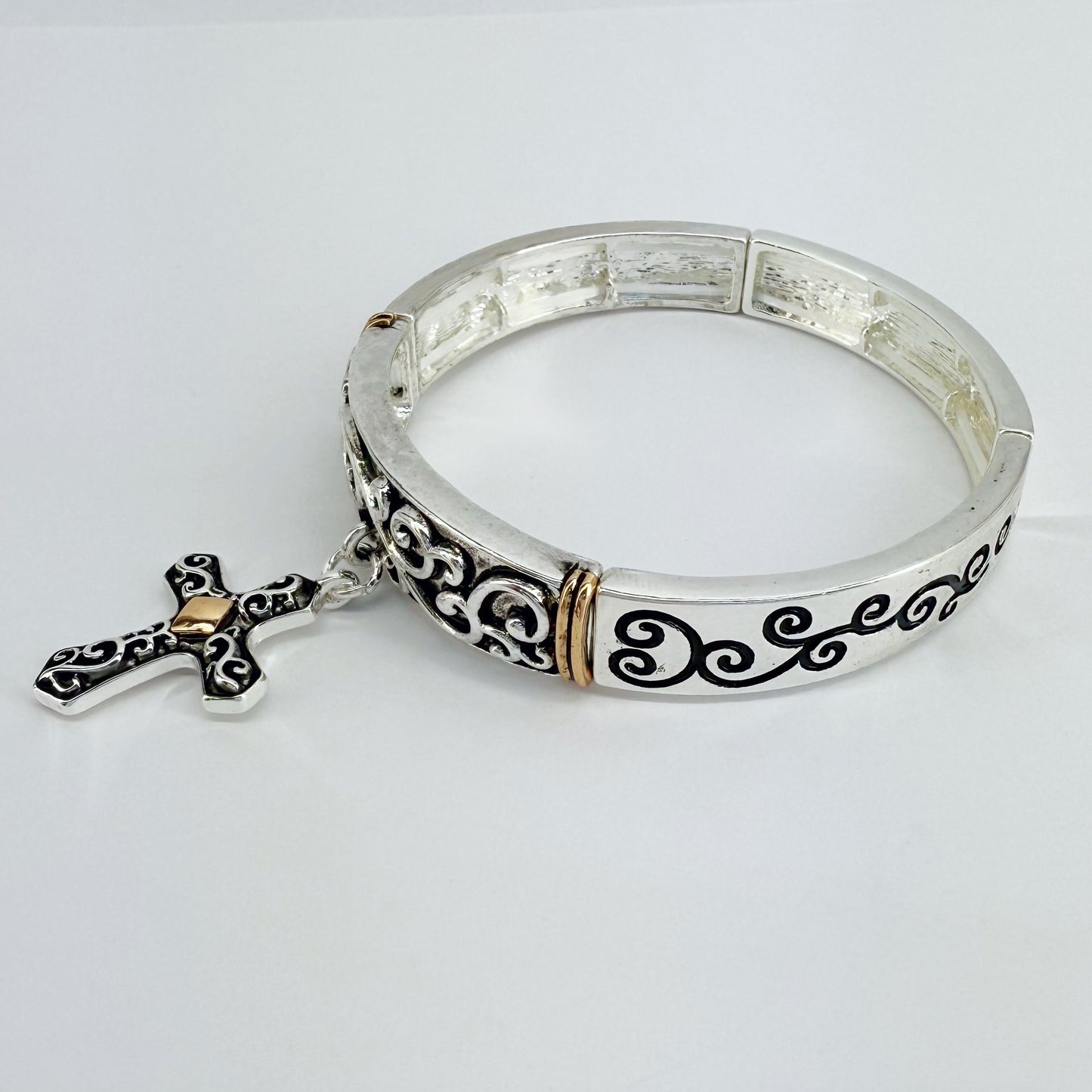Stretchable Filigree Design Vintage Bracelet With Two Tone Cross Charm