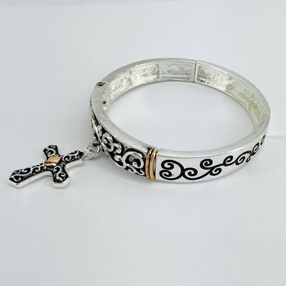 Stretchable Filigree Design Vintage Bracelet With Two Tone Cross Charm