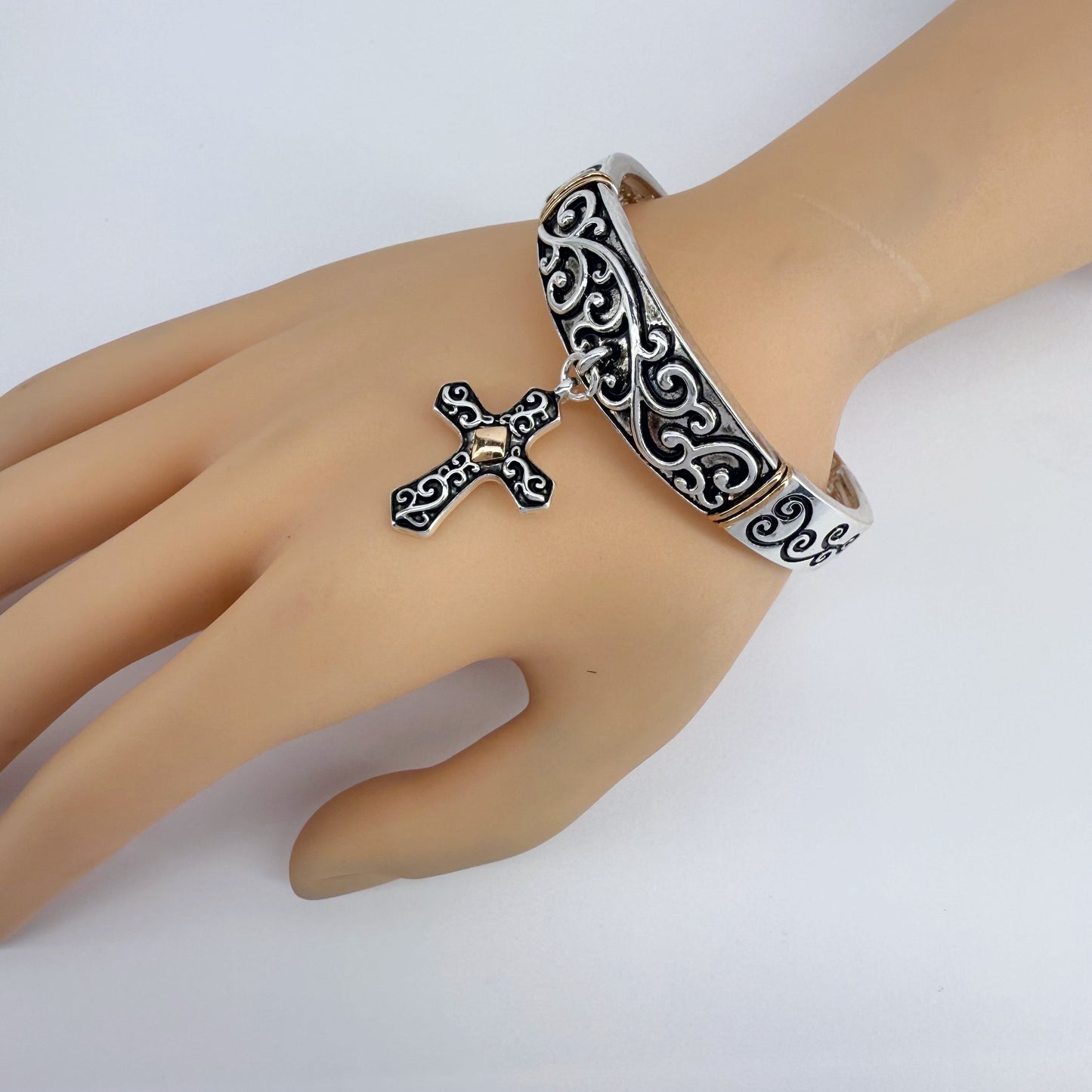 Stretchable Filigree Design Vintage Bracelet With Two Tone Cross Charm