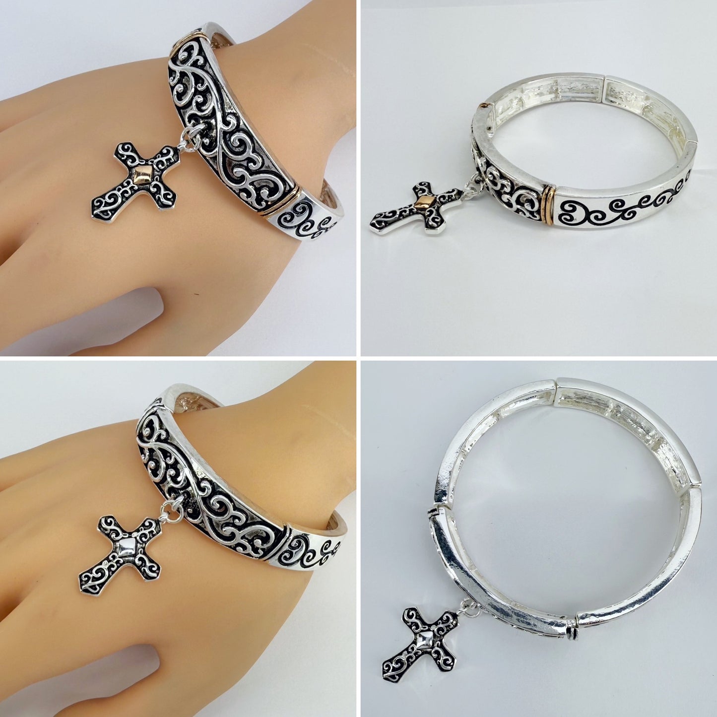 Stretchable Filigree Design Vintage Bracelet With Two Tone Cross Charm