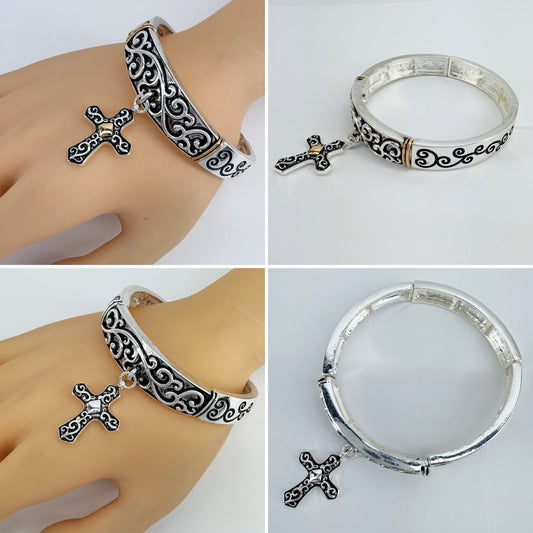 Stretchable Filigree Design Vintage Bracelet With Two Tone Cross Charm