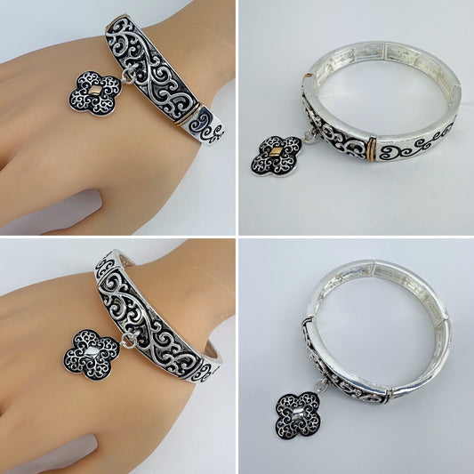 Stretchable Filigree Design Vintage Bracelet With Two Tone Clover Charm