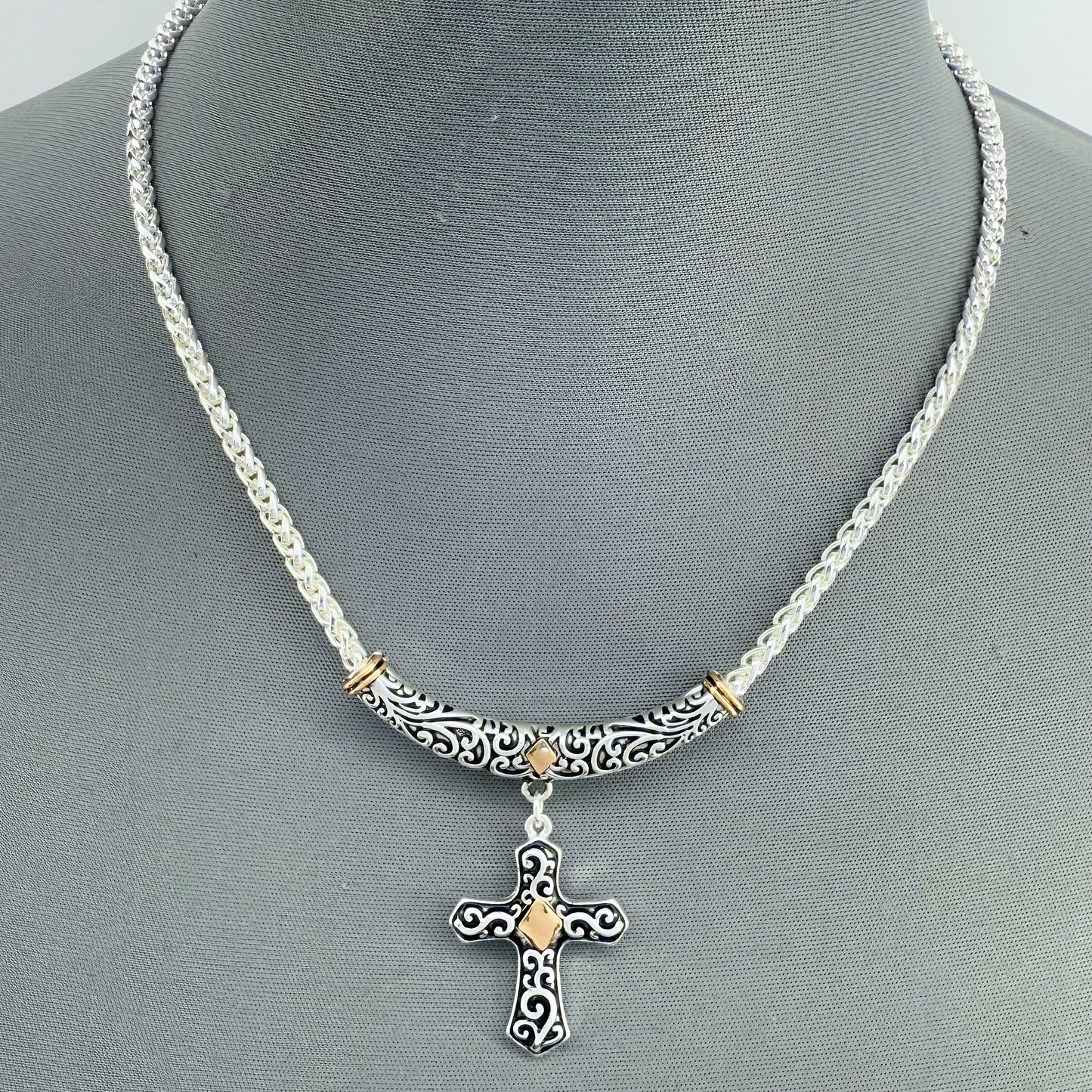 Two Tone Gold and Silver Finish Filigree Necklace with Cross Pendant