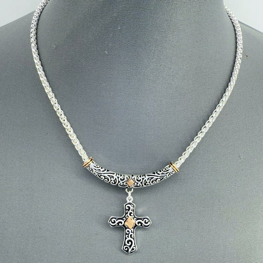 Two Tone Gold and Silver Finish Filigree Necklace with Cross Pendant