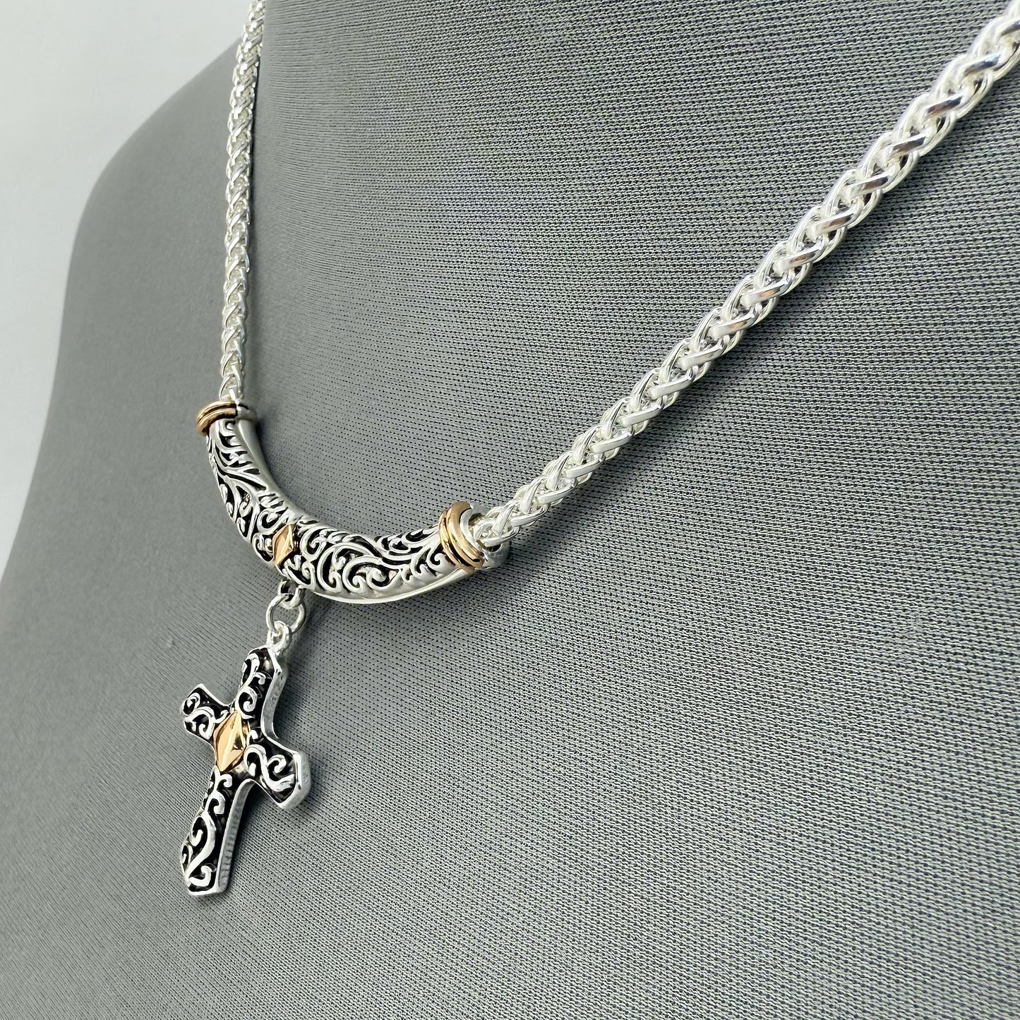 Two Tone Gold and Silver Finish Filigree Necklace with Cross Pendant