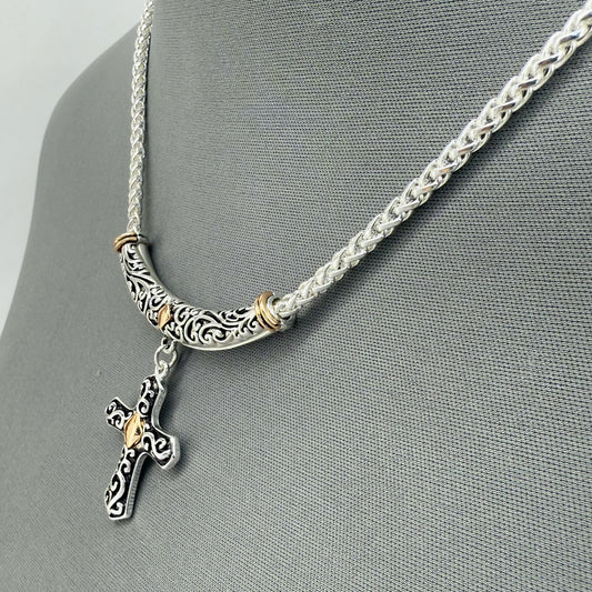 Two Tone Gold and Silver Finish Filigree Necklace with Cross Pendant