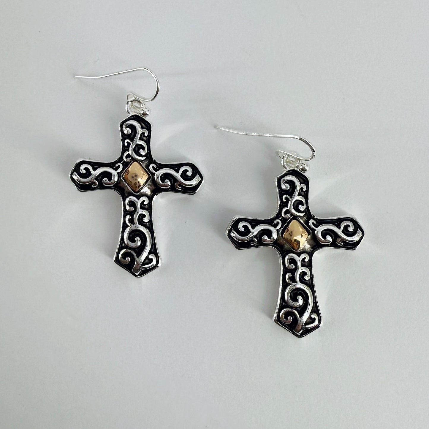Two Tone gold and silver finish Filigree Vintage Cross Earrings